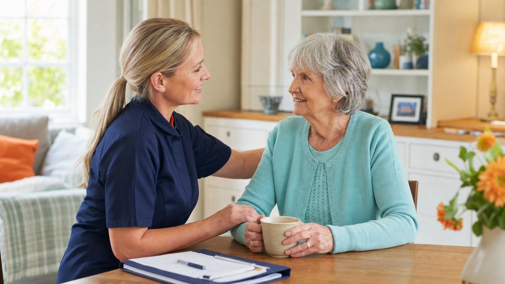 Care worker and older adult sharing a calm care conversation at home