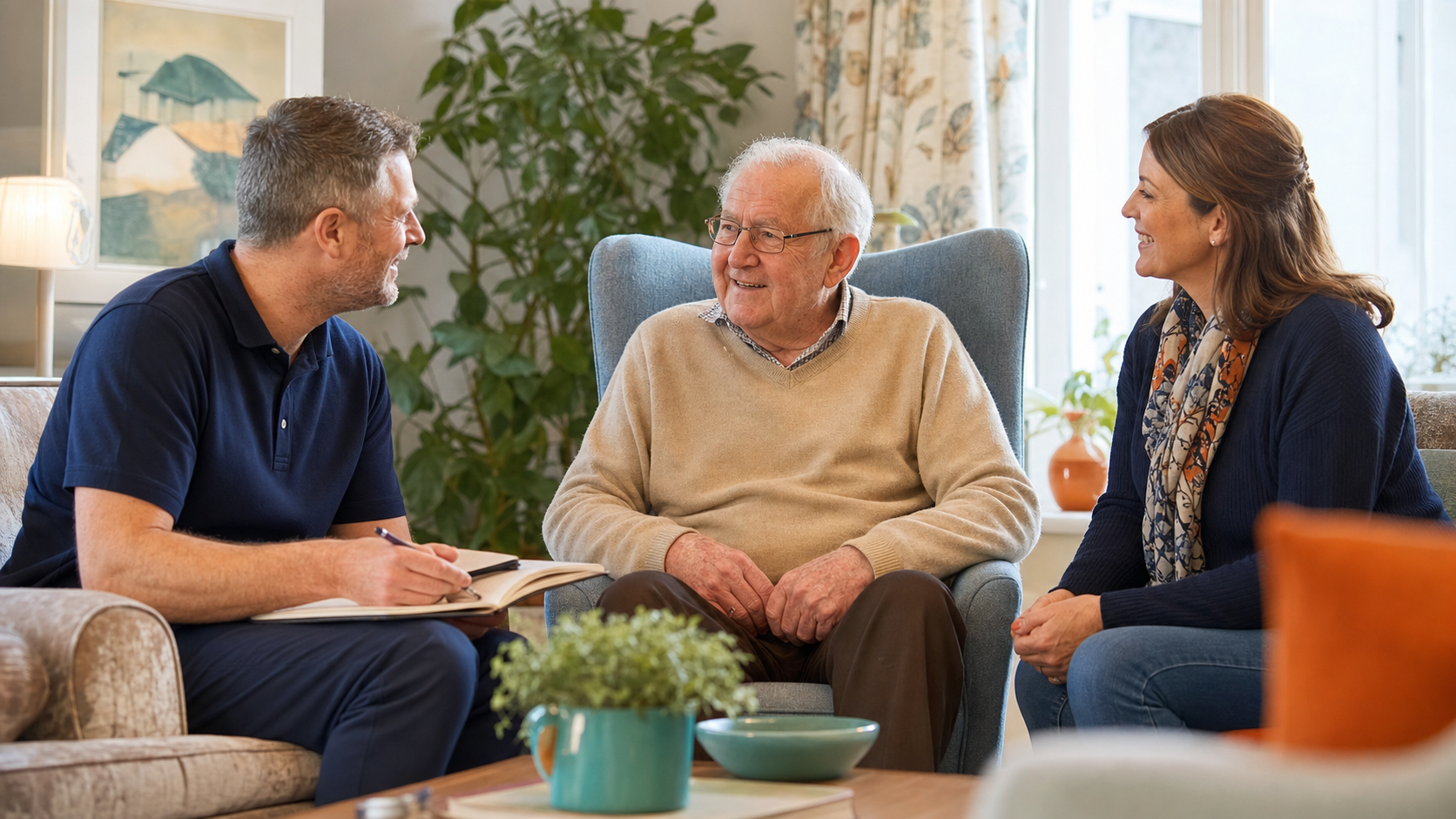 Care professional, older adult and family member discussing support in a homely lounge