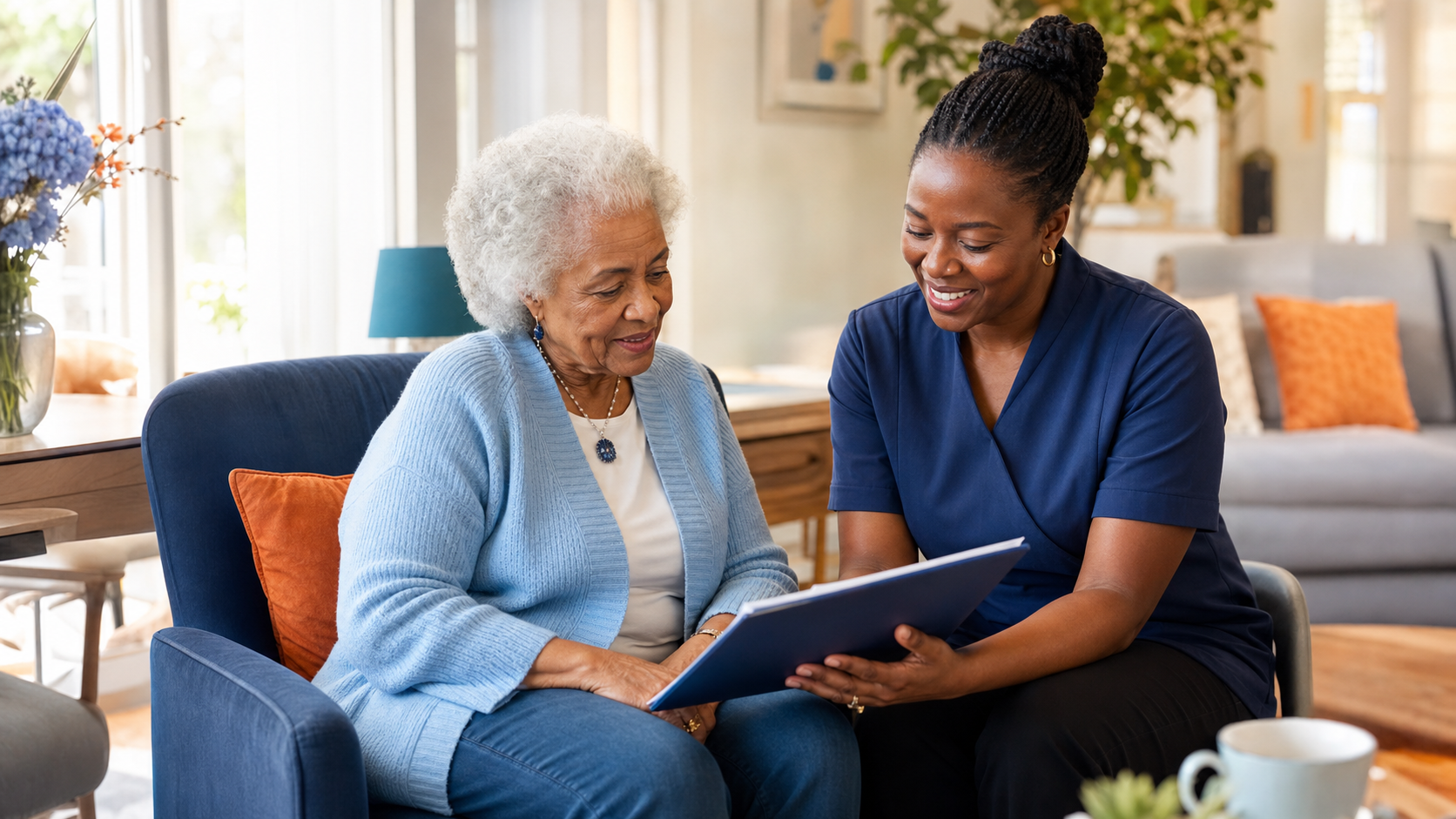 Care professional and older adult reviewing a wellbeing plan