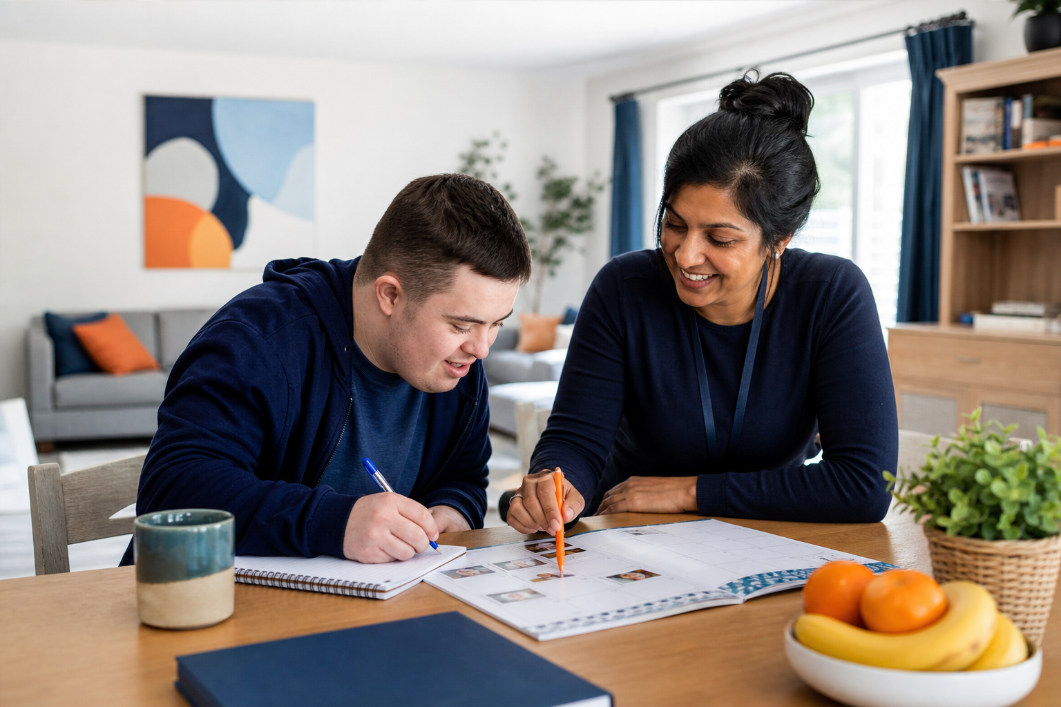Support worker and adult planning weekly activities together